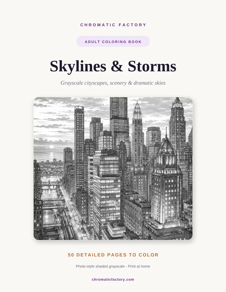 Skylines & Storms grayscale coloring book cover